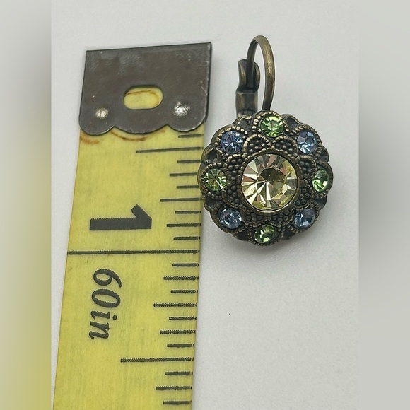 Green and Blue Crystal Studded Oxidized Gold Tone Drop Earrings - Picture 8 of 9